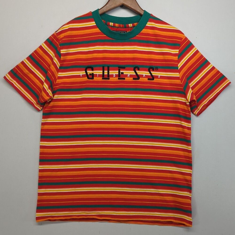 Guess x J Balvin Vibras Tour Collab Striped T-Shirt Medium Red Orange Reggaeton